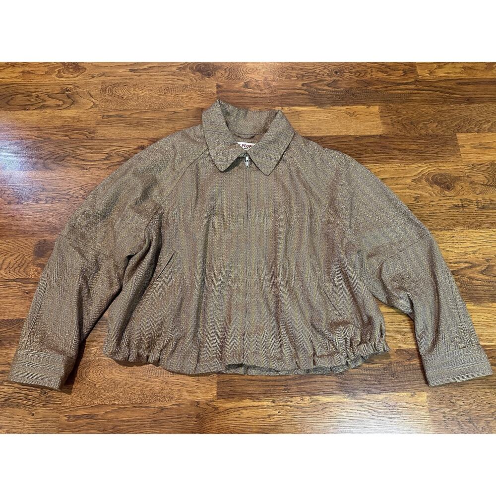 Free People Orion City Herringbone Bomber Jacket Cinch Waist Brown Large NWT